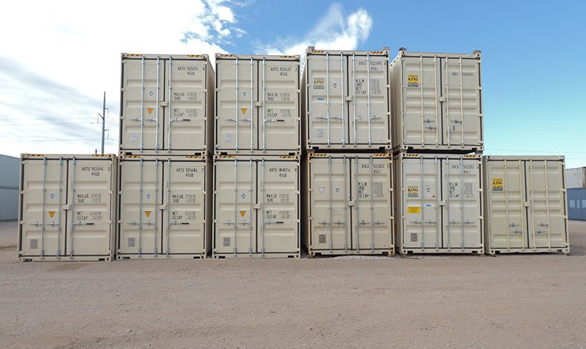 Shipping containers stacked for rental inventory