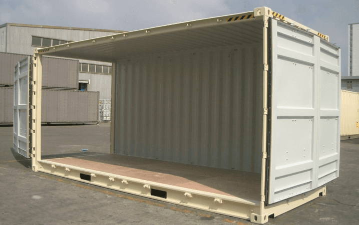 Open-side shipping container with the side fully open